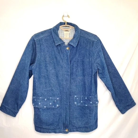 Northern Reflections Lined Denim Jacket Size L Vintage Cotton Embroidered Plaid - Picture 1 of 10